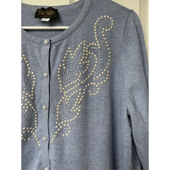 Bob Mackie Cardigan XL Women's Blue White Pearl Art Angel Easter Jewel - Picture 3 of 4